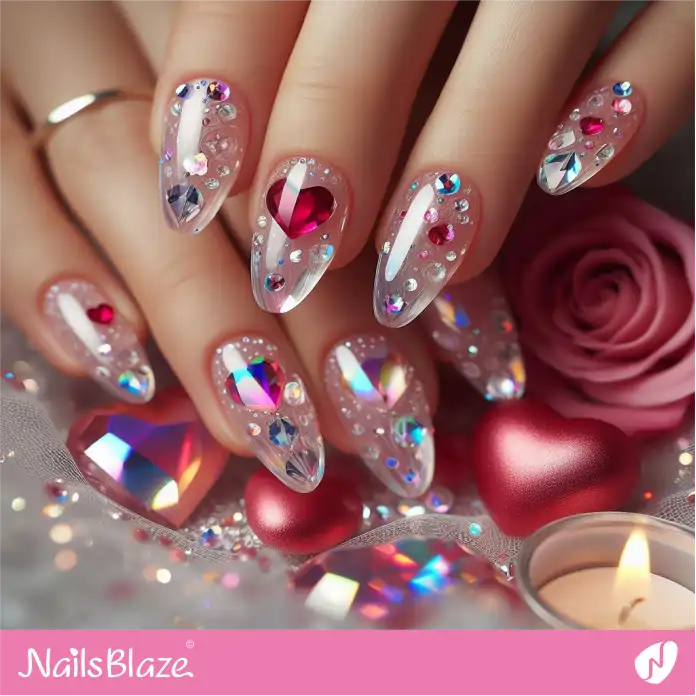 Transparent Nails with Crystal Hearts | Valentine Nails - NB2368